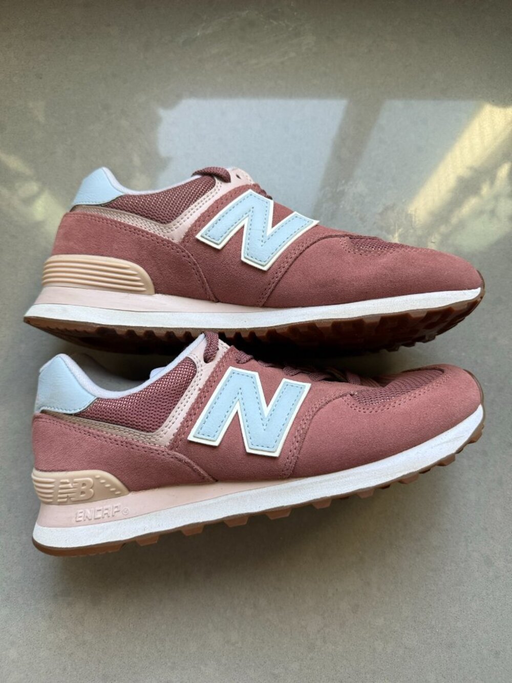 New Balance 574 Sneakers - Mauve Suede with Light Blue N Logo - Women's 8.5